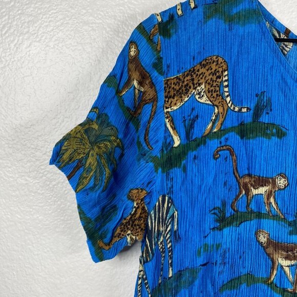 La Cera House Patio Dress Blue L Crinkle Muumuu Safari Animals Zebra Giraffe - Picture 4 of 10